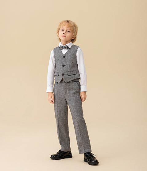 Piped Grey Wool-Blend Waistcoat & Bow tie Set